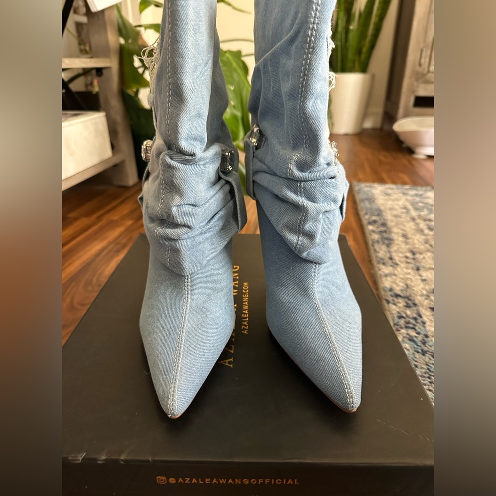Light Blue Denim Pointed-Toe Slouch Booties - Women's